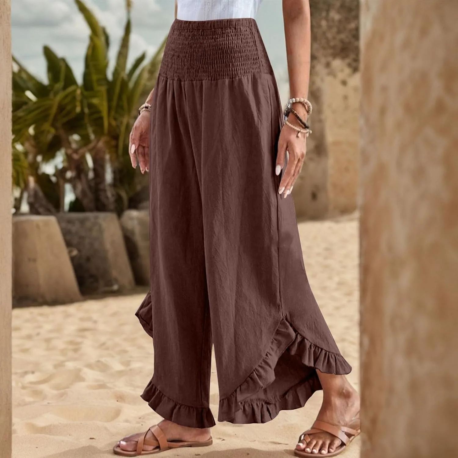 Linen Pants Women Wide Leg Smocked Waist Ruffle Hem Summer Palazzo Baggy Casual Boho Flowy Beach Trouser with Pockets