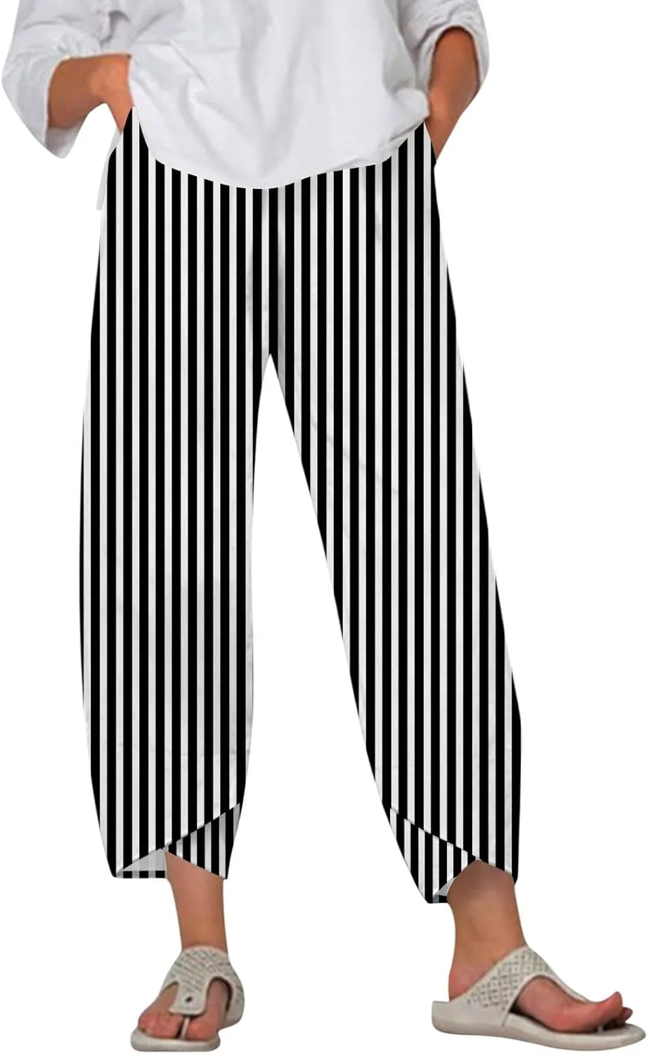 Linen Pants Women Wide Leg Summer Capri Pants with Pockets Elastic Waist Lounge Palazzo Crop Beach Baggy Trousers