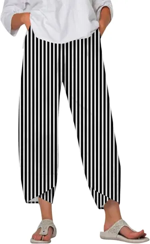 Linen Pants Women Wide Leg Summer Capri Pants with Pockets Elastic Waist Lounge Palazzo Crop Beach Baggy Trousers