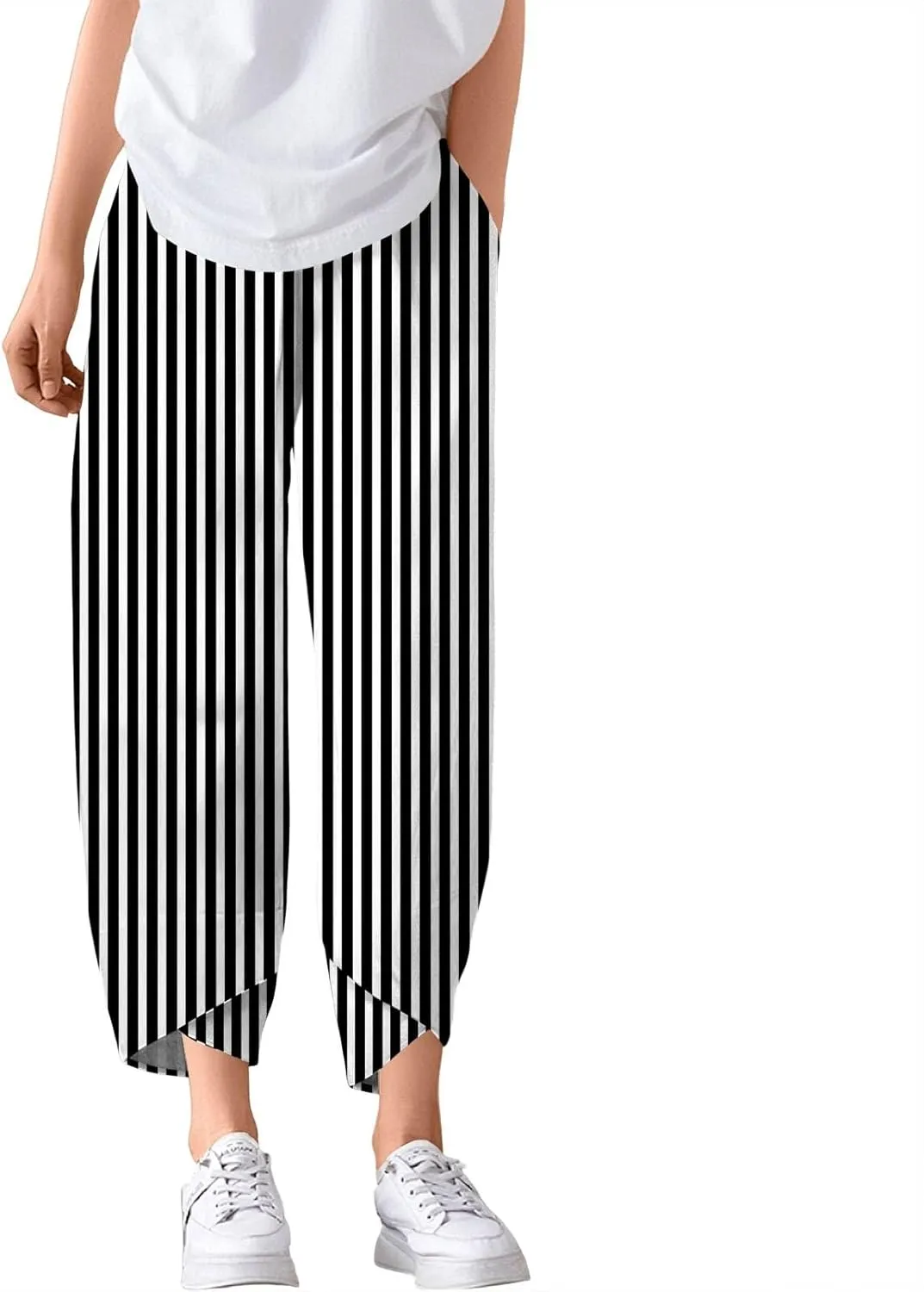 Linen Pants Women Wide Leg Summer Capri Pants with Pockets Elastic Waist Lounge Palazzo Crop Beach Baggy Trousers
