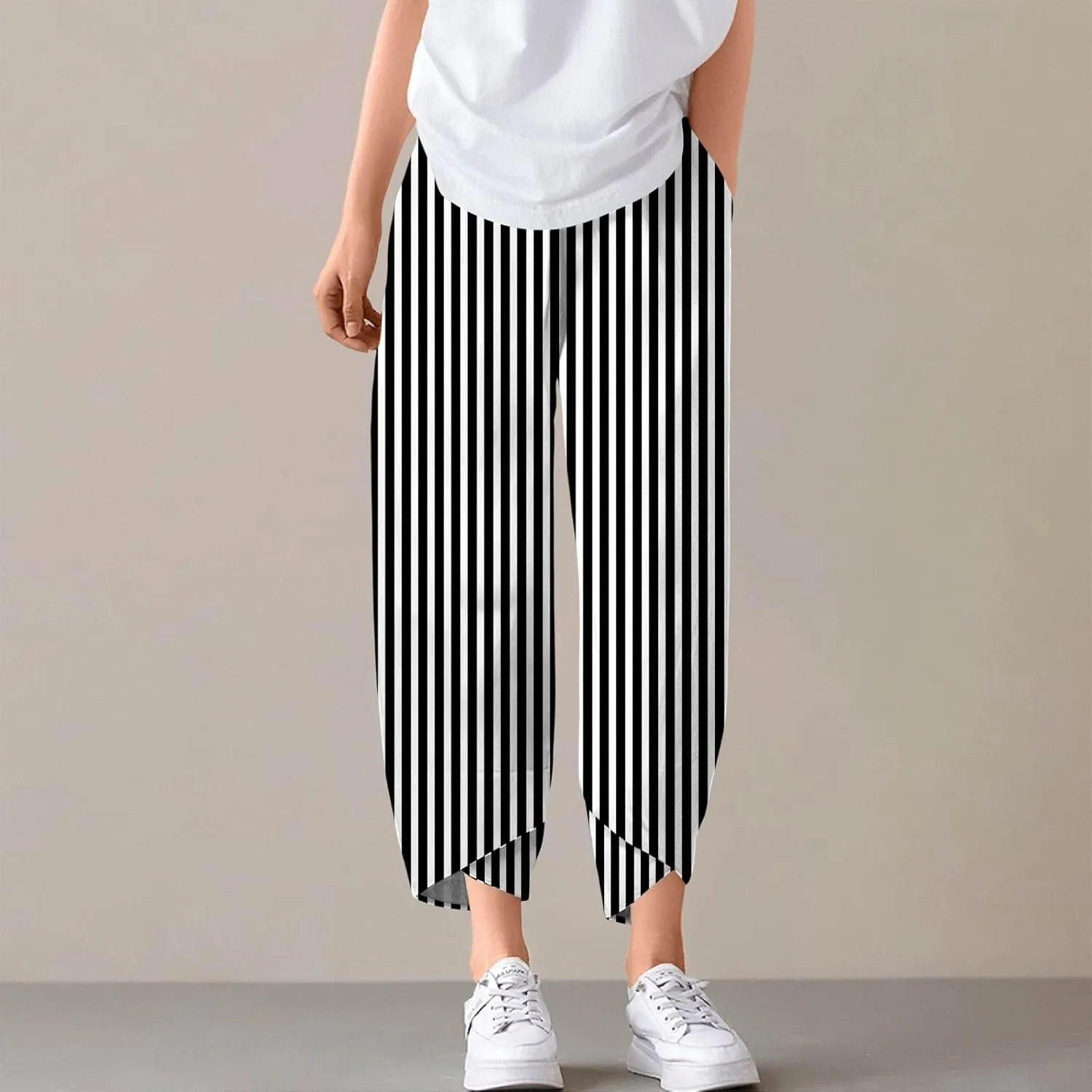 Linen Pants Women Wide Leg Summer Capri Pants with Pockets Elastic Waist Lounge Palazzo Crop Beach Baggy Trousers