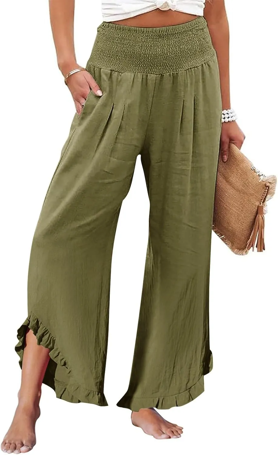 Linen Pants Women,Summer Pants for Women Trendy Elastic High Waisted Wide Leg Summer Womens Capris with Pockets