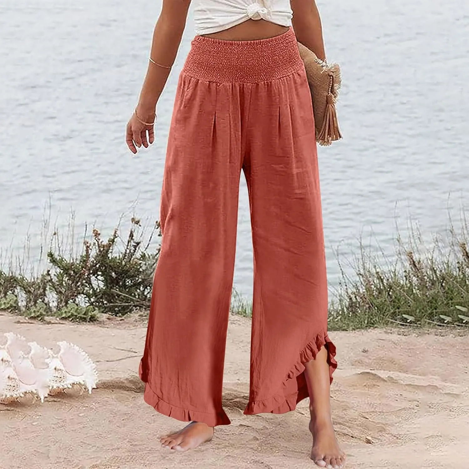 Linen Pants Women,Summer Pants for Women Trendy Elastic High Waisted Wide Leg Summer Womens Capris with Pockets