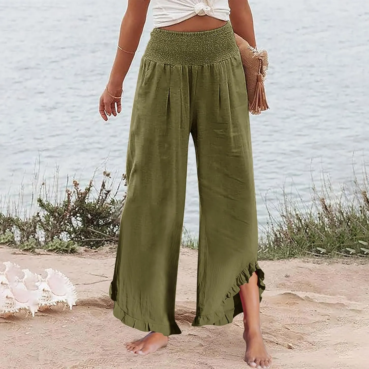Linen Pants Women,Summer Pants for Women Trendy Elastic High Waisted Wide Leg Summer Womens Capris with Pockets