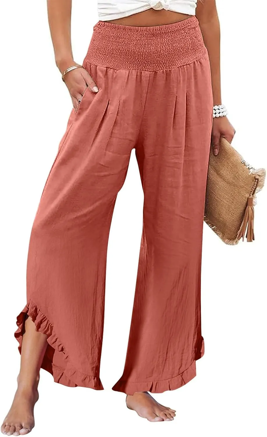 Linen Pants Women,Summer Pants for Women Trendy Elastic High Waisted Wide Leg Summer Womens Capris with Pockets