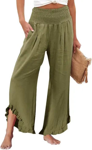 Linen Pants Women,Summer Pants for Women Trendy Elastic High Waisted Wide Leg Summer Womens Capris with Pockets