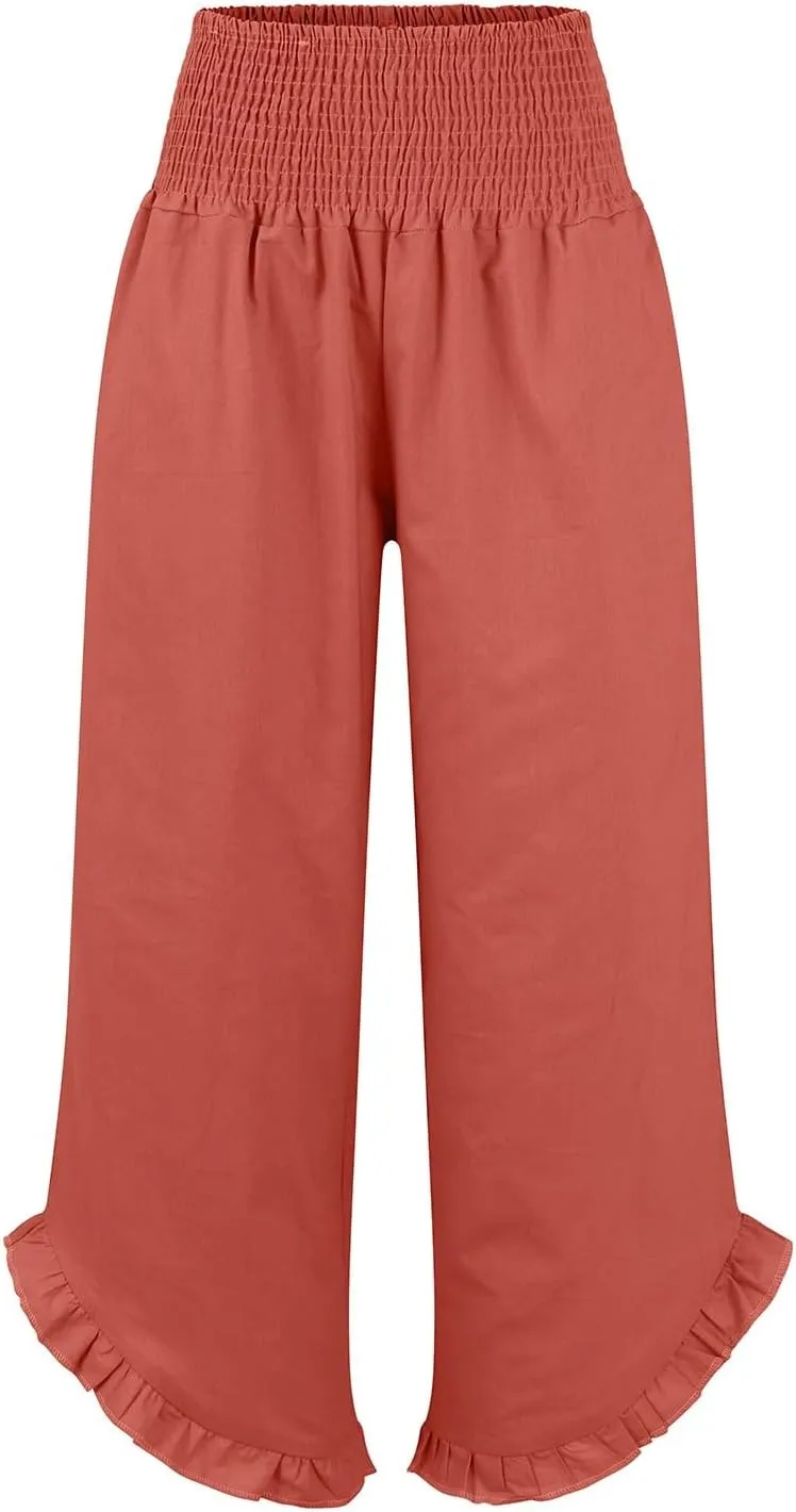 Linen Pants Women,Summer Pants for Women Trendy Elastic High Waisted Wide Leg Summer Womens Capris with Pockets