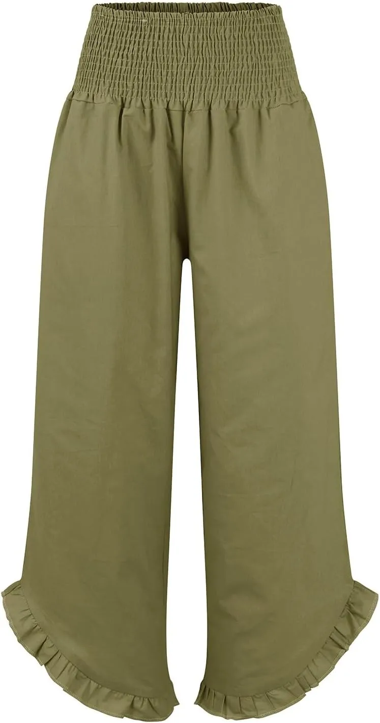 Linen Pants Women,Summer Pants for Women Trendy Elastic High Waisted Wide Leg Summer Womens Capris with Pockets