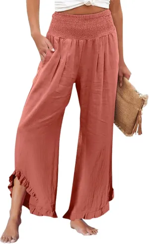 Linen Pants Women,Summer Pants for Women Trendy Elastic High Waisted Wide Leg Summer Womens Capris with Pockets