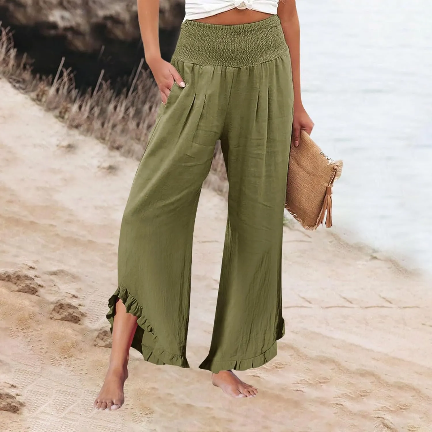 Linen Pants Women,Summer Pants for Women Trendy Elastic High Waisted Wide Leg Summer Womens Capris with Pockets