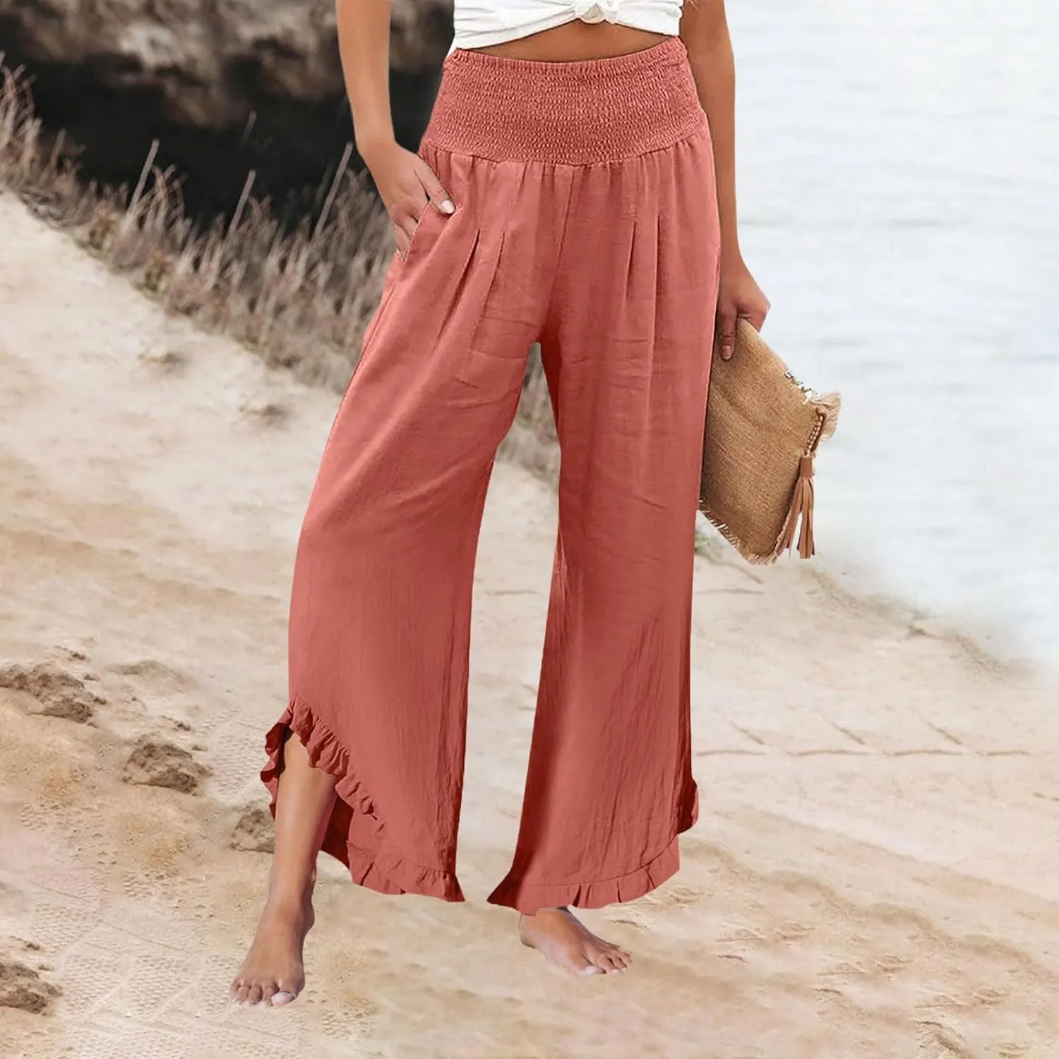 Linen Pants Women,Summer Pants for Women Trendy Elastic High Waisted Wide Leg Summer Womens Capris with Pockets
