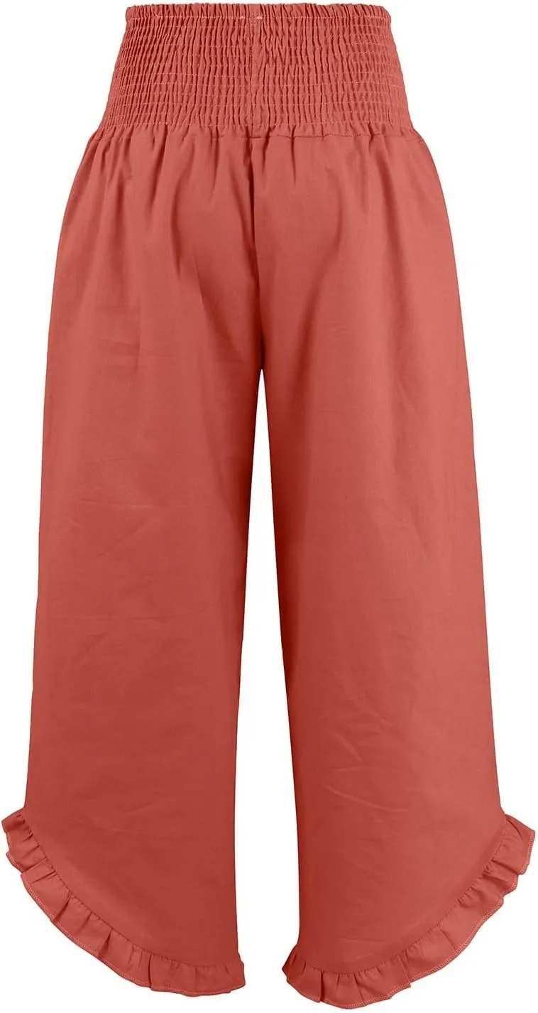 Linen Pants Women,Summer Pants for Women Trendy Elastic High Waisted Wide Leg Summer Womens Capris with Pockets
