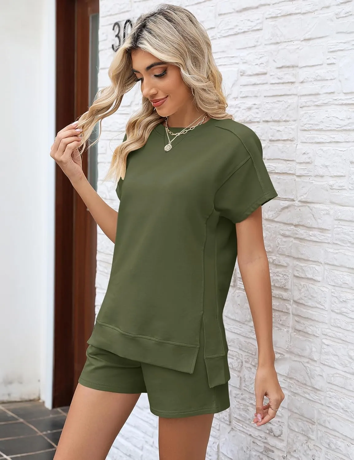 LOMON Womens Fashion 2 Piece Outfits Sweatsuits 2025 Summer Short Sleeve Loungewear Tracksuit Round Neck Lounge Shorts Sets