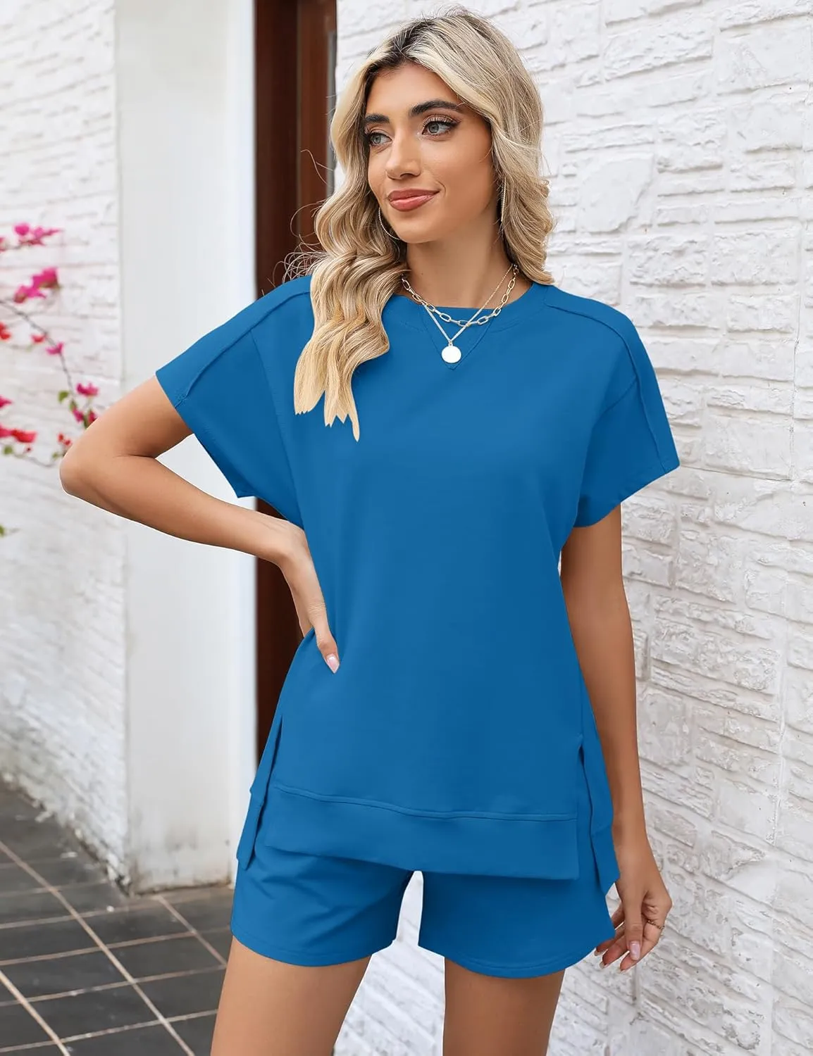 LOMON Womens Fashion 2 Piece Outfits Sweatsuits 2025 Summer Short Sleeve Loungewear Tracksuit Round Neck Lounge Shorts Sets