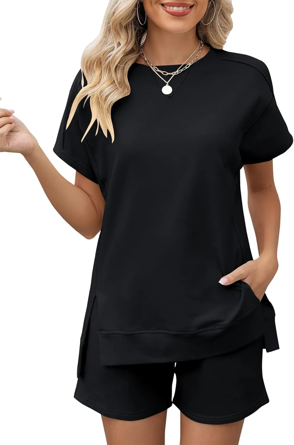 LOMON Womens Fashion 2 Piece Outfits Sweatsuits 2025 Summer Short Sleeve Loungewear Tracksuit Round Neck Lounge Shorts Sets