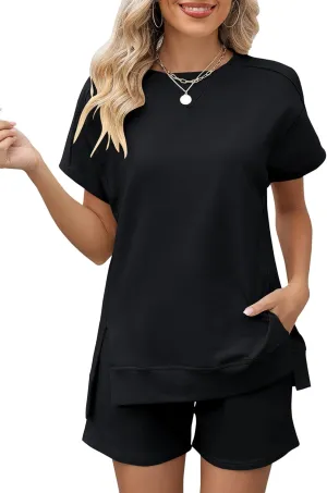 LOMON Womens Fashion 2 Piece Outfits Sweatsuits 2025 Summer Short Sleeve Loungewear Tracksuit Round Neck Lounge Shorts Sets