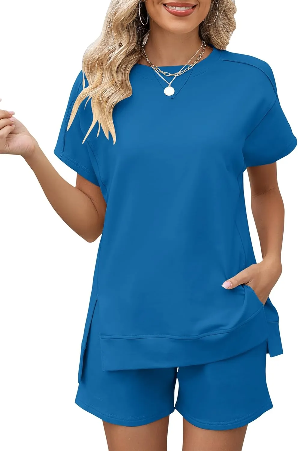 LOMON Womens Fashion 2 Piece Outfits Sweatsuits 2025 Summer Short Sleeve Loungewear Tracksuit Round Neck Lounge Shorts Sets