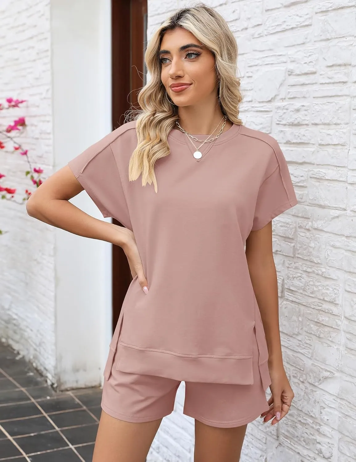 LOMON Womens Fashion 2 Piece Outfits Sweatsuits 2025 Summer Short Sleeve Loungewear Tracksuit Round Neck Lounge Shorts Sets