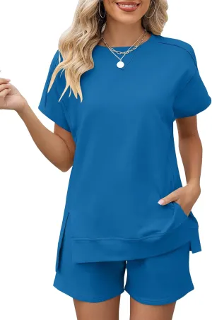 LOMON Womens Fashion 2 Piece Outfits Sweatsuits 2025 Summer Short Sleeve Loungewear Tracksuit Round Neck Lounge Shorts Sets