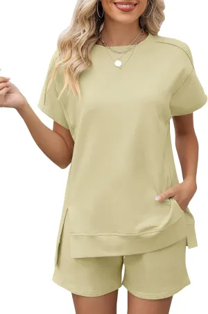 LOMON Womens Fashion 2 Piece Outfits Sweatsuits 2025 Summer Short Sleeve Loungewear Tracksuit Round Neck Lounge Shorts Sets