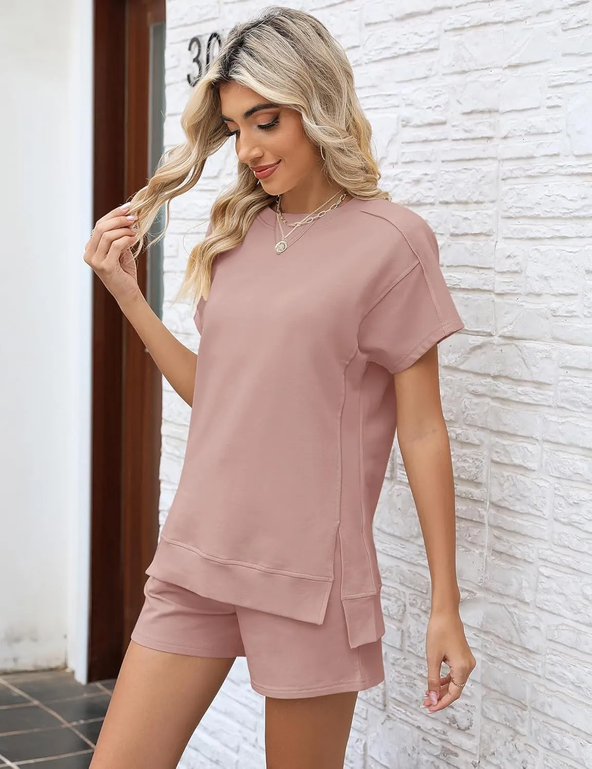 LOMON Womens Fashion 2 Piece Outfits Sweatsuits 2025 Summer Short Sleeve Loungewear Tracksuit Round Neck Lounge Shorts Sets