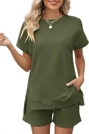 LOMON Womens Fashion 2 Piece Outfits Sweatsuits 2025 Summer Short Sleeve Loungewear Tracksuit Round Neck Lounge Shorts Sets