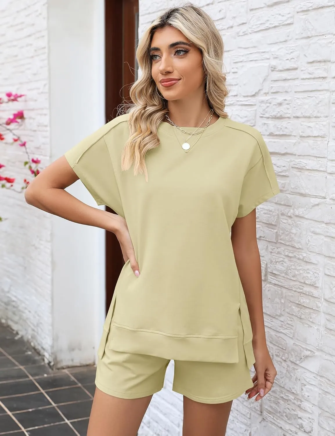 LOMON Womens Fashion 2 Piece Outfits Sweatsuits 2025 Summer Short Sleeve Loungewear Tracksuit Round Neck Lounge Shorts Sets