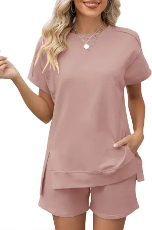 LOMON Womens Fashion 2 Piece Outfits Sweatsuits 2025 Summer Short Sleeve Loungewear Tracksuit Round Neck Lounge Shorts Sets