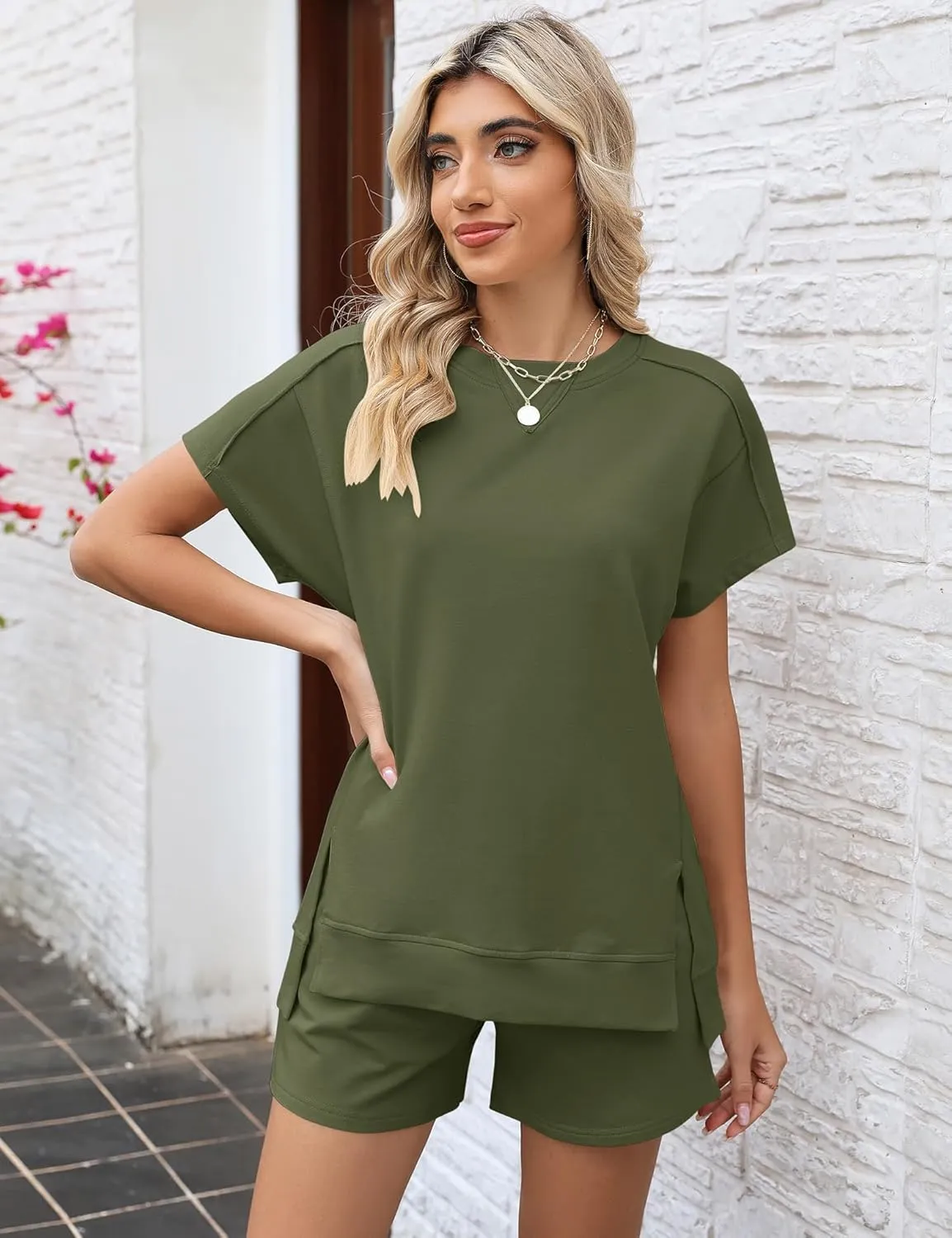 LOMON Womens Fashion 2 Piece Outfits Sweatsuits 2025 Summer Short Sleeve Loungewear Tracksuit Round Neck Lounge Shorts Sets