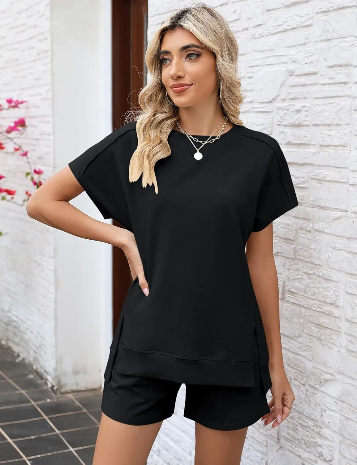 LOMON Womens Fashion 2 Piece Outfits Sweatsuits 2025 Summer Short Sleeve Loungewear Tracksuit Round Neck Lounge Shorts Sets