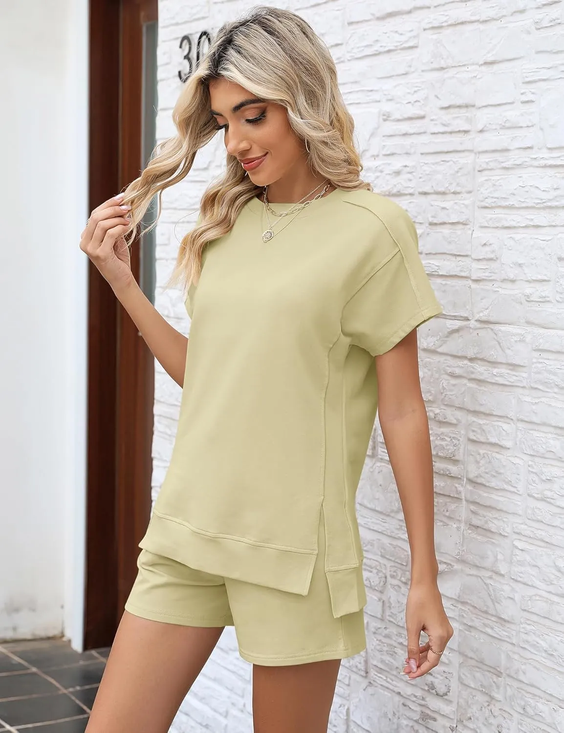 LOMON Womens Fashion 2 Piece Outfits Sweatsuits 2025 Summer Short Sleeve Loungewear Tracksuit Round Neck Lounge Shorts Sets