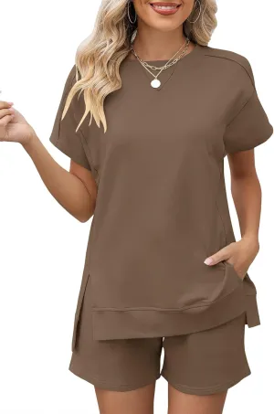 LOMON Womens Fashion 2 Piece Outfits Sweatsuits 2025 Summer Short Sleeve Loungewear Tracksuit Round Neck Lounge Shorts Sets
