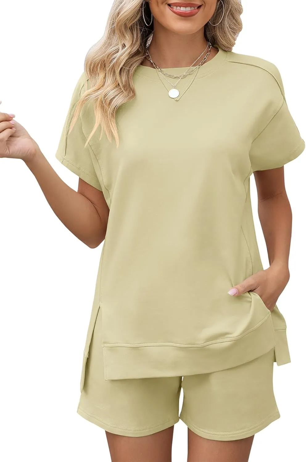LOMON Womens Fashion 2 Piece Outfits Sweatsuits 2025 Summer Short Sleeve Loungewear Tracksuit Round Neck Lounge Shorts Sets