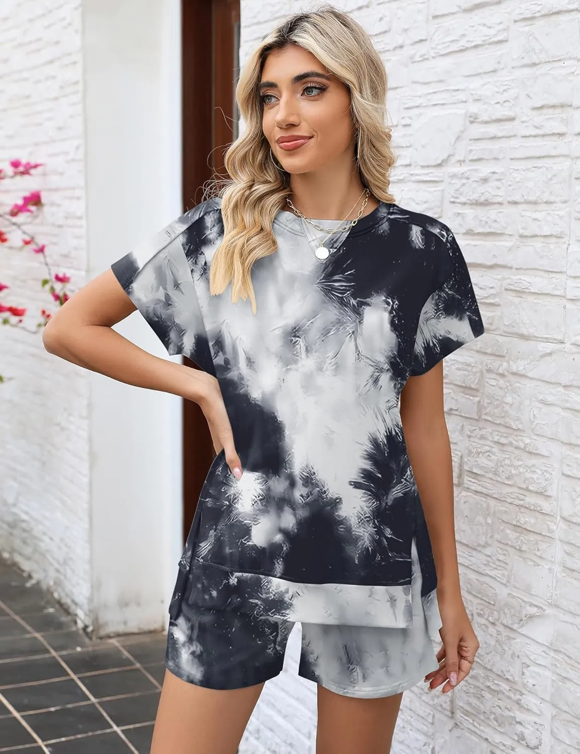 LOMON Womens Fashion 2 Piece Outfits Sweatsuits 2025 Summer Short Sleeve Loungewear Tracksuit Round Neck Lounge Shorts Sets