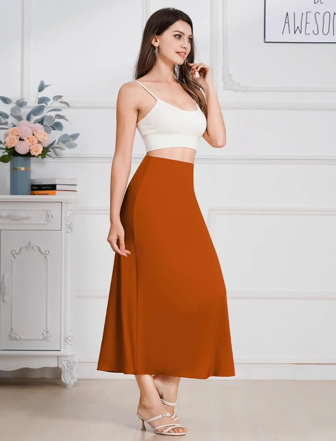 Long Satin Skirts for Women Silk Skirts Silky Elastic High Waist Flared Casual A Line Midi Skirt Cocktail Party Maxi Skirts