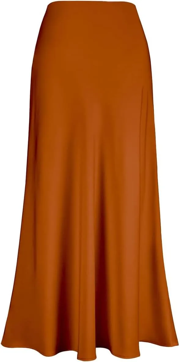 Long Satin Skirts for Women Silk Skirts Silky Elastic High Waist Flared Casual A Line Midi Skirt Cocktail Party Maxi Skirts