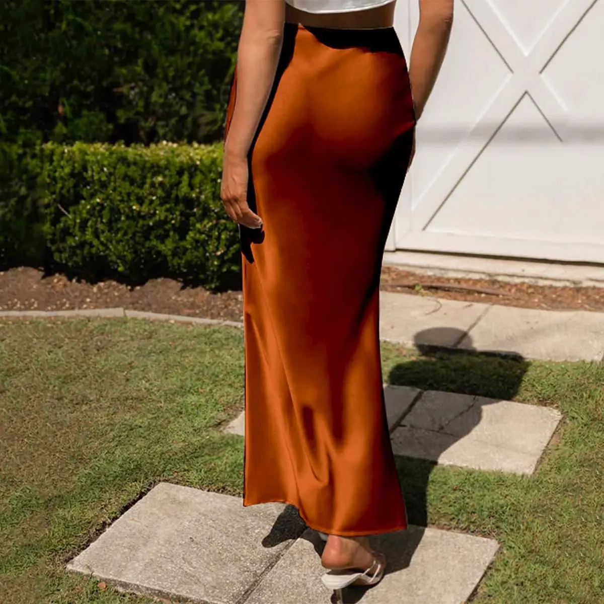 Long Satin Skirts for Women Silk Skirts Silky Elastic High Waist Flared Casual A Line Midi Skirt Cocktail Party Maxi Skirts
