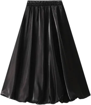 Long Skirt Women's Bright Silk Pearlescent Design Sense Umbrella Skirt Twill on Midi Skirt Women's Skirts