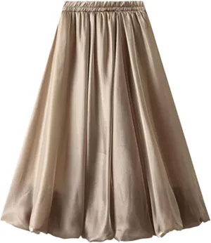Long Skirt Women's Bright Silk Pearlescent Design Sense Umbrella Skirt Twill on Midi Skirt Women's Skirts