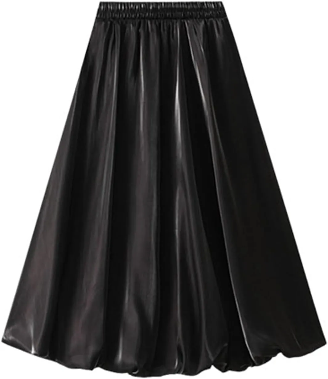 Long Skirt Women's Bright Silk Pearlescent Design Sense Umbrella Skirt Twill on Midi Skirt Women's Skirts