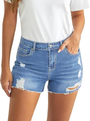 Luvamia Women's High Waisted Distressed Denim Shorts, Blue, Size X-Small to XX-Large
