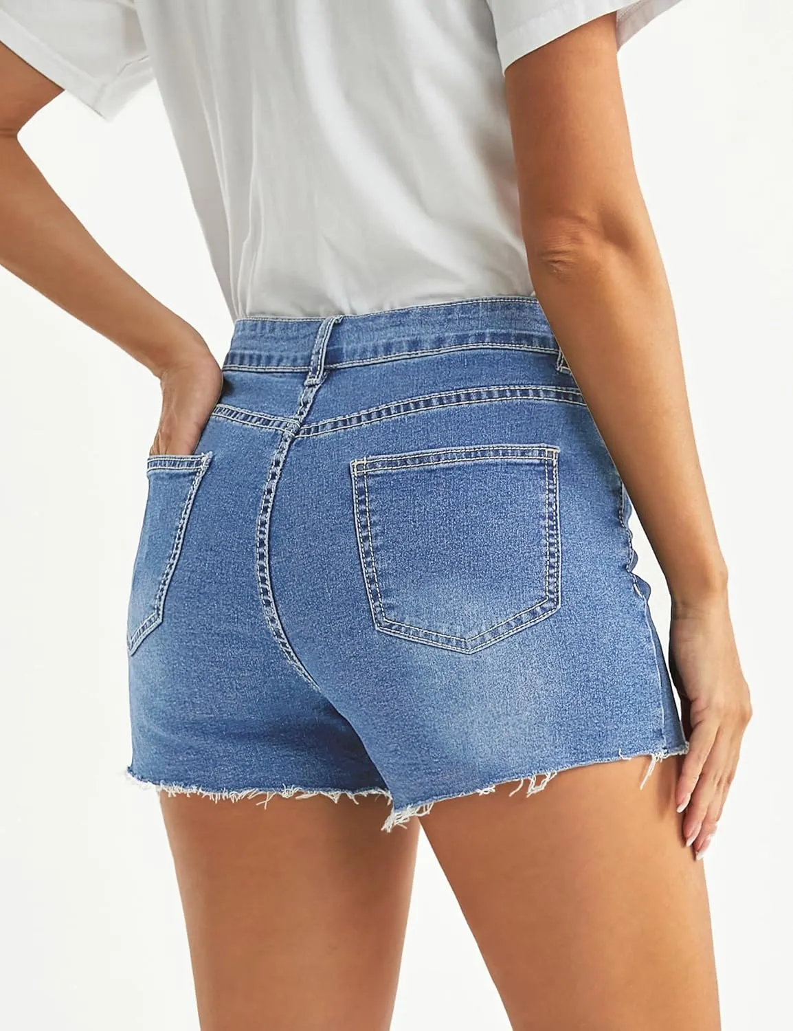 Luvamia Women's High Waisted Distressed Denim Shorts, Blue, Size X-Small to XX-Large