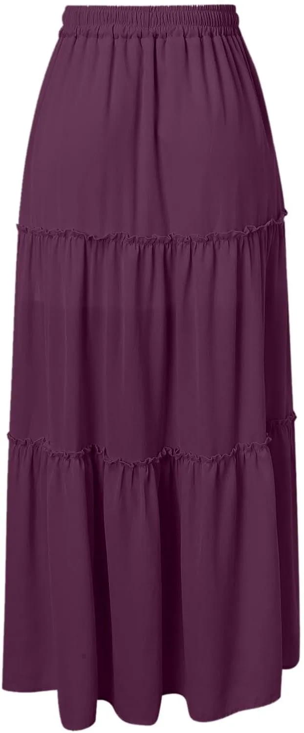 Maxi Skirts for Women Flowy Boho with Pockets A-Line Ruffle Tiered Elastic High Waist Summer Skirts 2025 Vacation