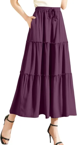 Maxi Skirts for Women Flowy Boho with Pockets A-Line Ruffle Tiered Elastic High Waist Summer Skirts 2025 Vacation