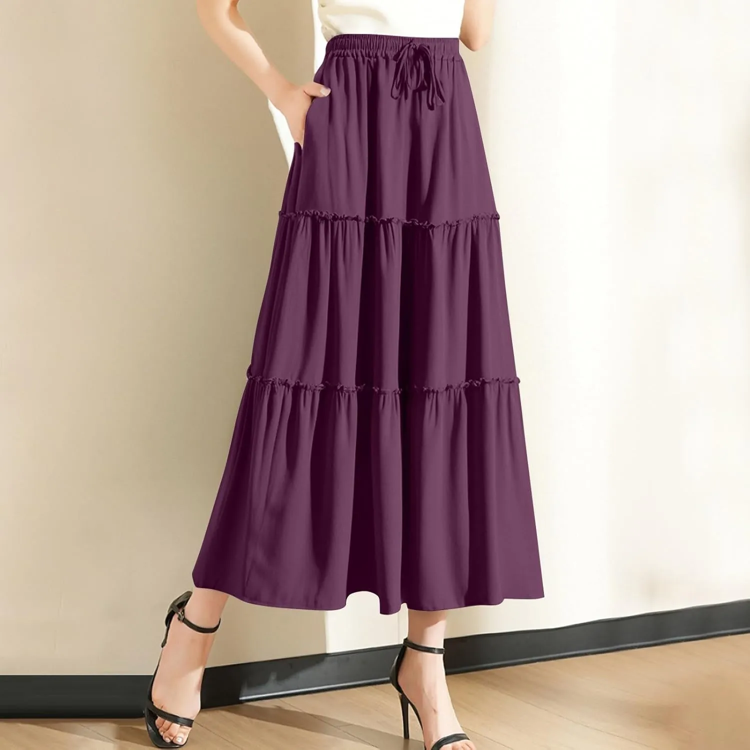 Maxi Skirts for Women Flowy Boho with Pockets A-Line Ruffle Tiered Elastic High Waist Summer Skirts 2025 Vacation