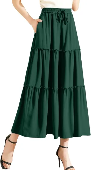 Maxi Skirts for Women Flowy Boho with Pockets A-Line Ruffle Tiered Elastic High Waist Summer Skirts 2025 Vacation