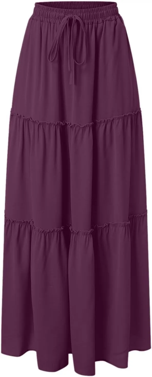 Maxi Skirts for Women Flowy Boho with Pockets A-Line Ruffle Tiered Elastic High Waist Summer Skirts 2025 Vacation