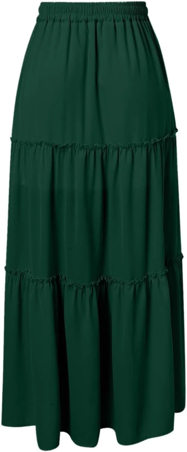 Maxi Skirts for Women Flowy Boho with Pockets A-Line Ruffle Tiered Elastic High Waist Summer Skirts 2025 Vacation