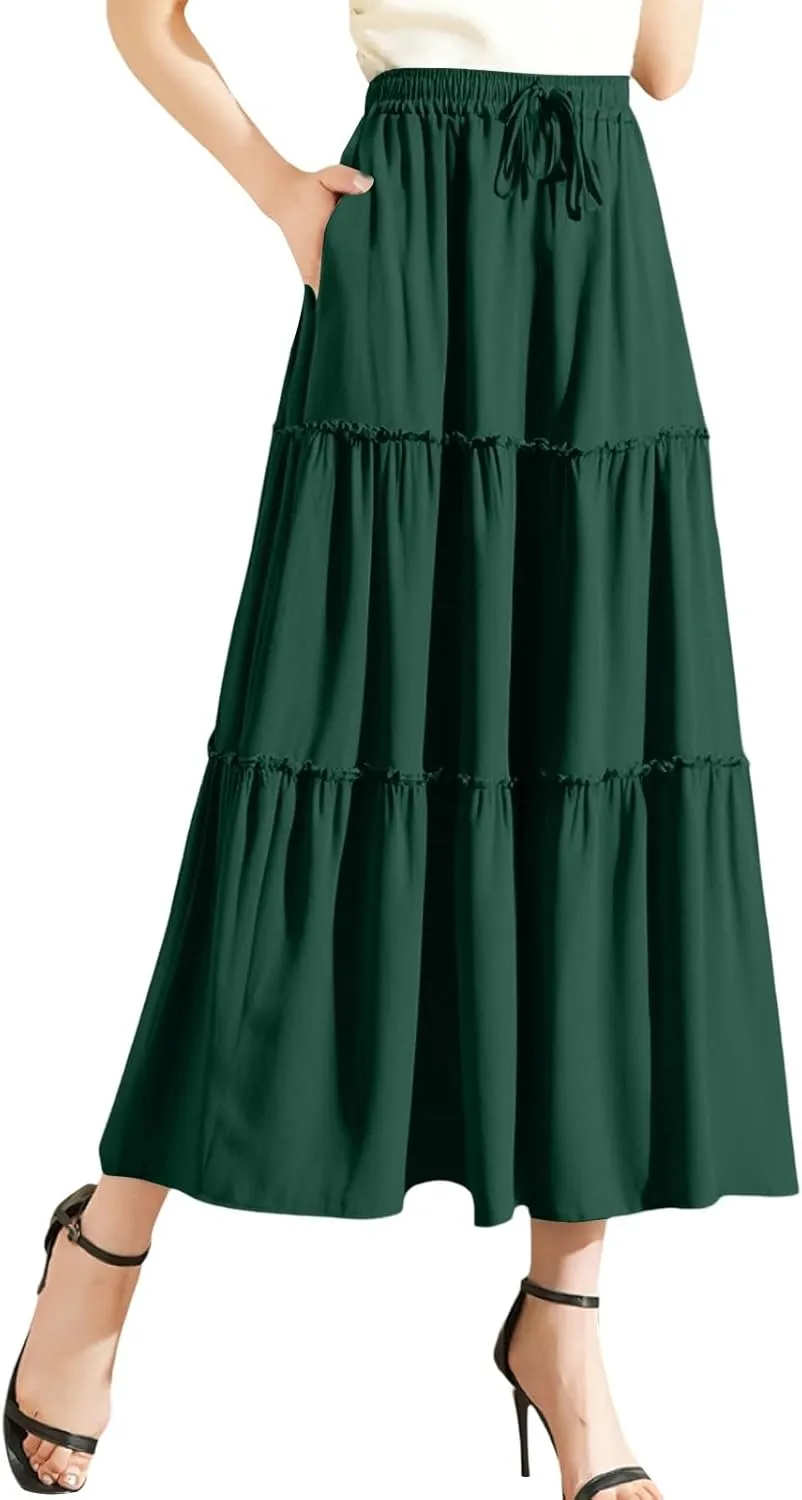 Maxi Skirts for Women Flowy Boho with Pockets A-Line Ruffle Tiered Elastic High Waist Summer Skirts 2025 Vacation