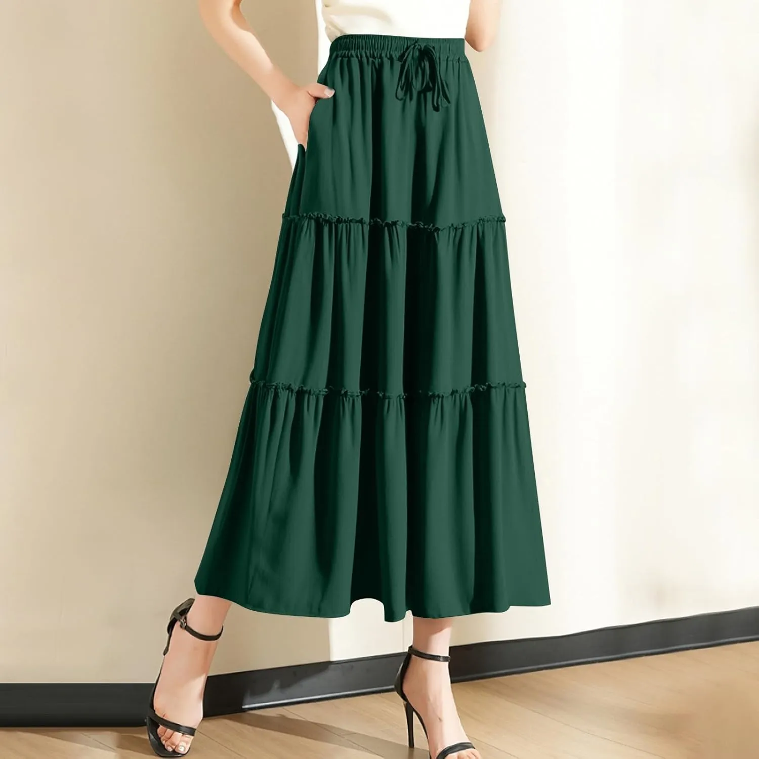 Maxi Skirts for Women Flowy Boho with Pockets A-Line Ruffle Tiered Elastic High Waist Summer Skirts 2025 Vacation